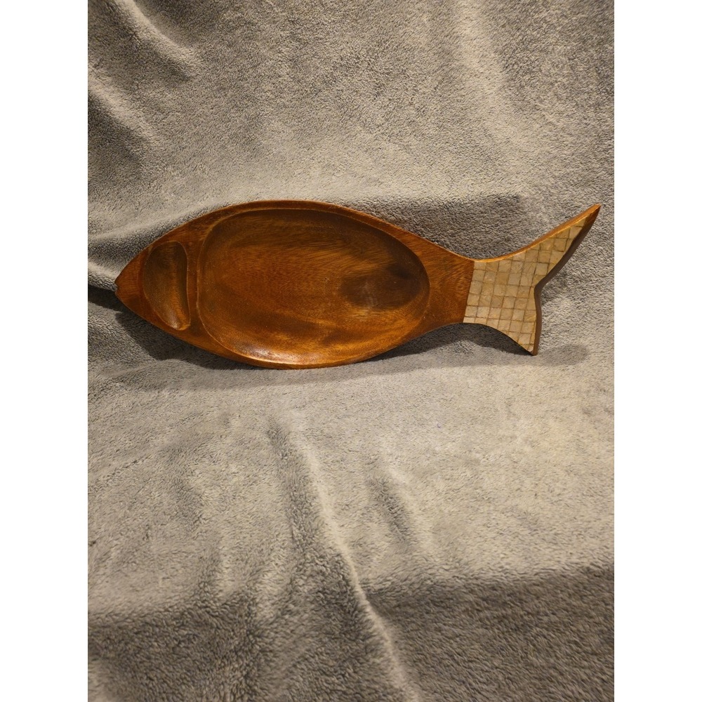 Wooden Fish Serving Tray 2 Compartments Opal Accent Tail Pier 1? 20x8" Host Gift